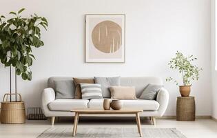 boho öppen Plats interiör i en mysigt lägenhet med en design. generativ ai foto