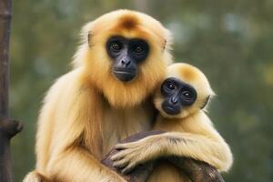 stänga bild av kindat gibbon apa mor med en barn i de skog. generativ ai foto