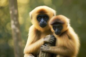 stänga bild av kindat gibbon apa mor med en barn i de skog. generativ ai foto