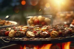 bbq mat fest sommar grillning kött i de eftermiddag av helgen Lycklig fest. ai generativ foto