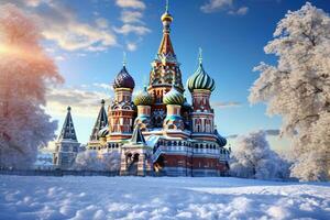 st. basilika katedral på röd fyrkant i Moskva, Ryssland, Moskva, Ryssland, röd fyrkant, se av st. basilika katedral, ryska vinter, ai genererad foto