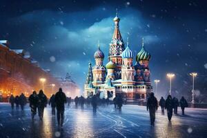 helgon basilika katedral på röd fyrkant under en snöfall. Moskva, Ryssland, Moskva, Ryssland, röd fyrkant, se av st. basilika katedral, ryska vinter, ai genererad foto
