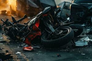 motorcykel olycka på de väg, motorcykel cykel olycka och bil krascha, bruten och förstört moto på väg, ai genererad foto