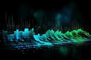 abstrakt teknologi bakgrund. trogen gränssnitt. vektor illustration för din design, modern teknologi tapet och blå och grön binär ljud vågor på svart bakgrund, ai genererad foto