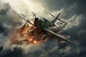 värld krig två kämpe jet i de himmel. 3d illustration, militär plan kraschar i en storm, ai genererad foto
