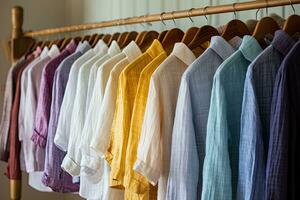 färgrik shirts hängande på en kuggstång i en mode Lagra, stänga upp, herr shirts tvättades och strukna, ai genererad foto