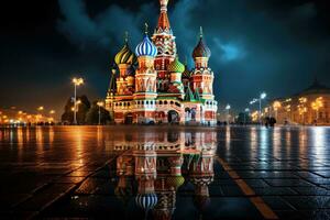 st. basilika katedral på röd fyrkant i Moskva, Ryssland, moskva st. basilika katedral natt skott, ai genererad foto