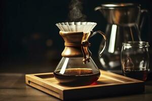 ett alternativ kaffe bryggning metod är ren över, en glas tekanna på en trä- bricka. generativ ai foto