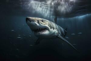 de kung av de hav, de bra vit manlig haj jägare under vattnet se, guadalupe ö, Mexiko. ai generativ foto