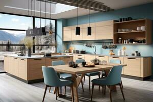 modern kök dekorerad trä och blå tema ai genererad foto