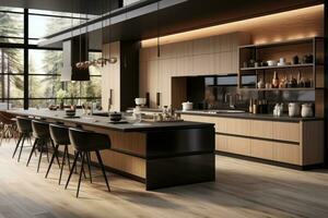 modern kök dekorerad trä och svart tema ai genererad foto
