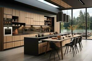 modern kök dekorerad trä och svart tema ai genererad foto
