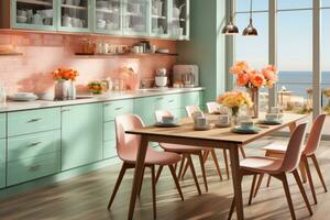 modern kök dekorerad för falla pastell Färg tema ai genererad foto
