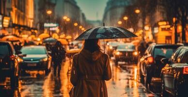 flicka i de regn med ett paraply, suddig bakgrund - ai genererad bild foto