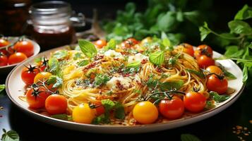 friska vegetarian pasta måltid med färsk tomat och ört sås ai generativ foto