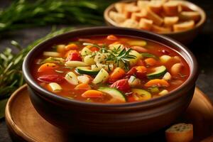 foton av vegetarian minestrone i inomhus- kök tabell Foto studio ai genererad