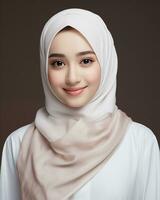 skön asiatisk flicka bär lång hijab stående i enkel bakgrund ai generativ foto