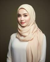 skön asiatisk flicka bär lång hijab stående i enkel bakgrund ai generativ foto