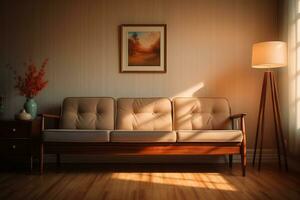 en retro inspirerad levande rum ställer ut en klassisk minimalistisk design ai generativ foto