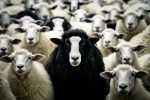 svart får i en flock av vit får. ai generativ . foto
