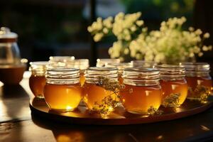 burk fylld med honung på trä- tabell ai genererad foto
