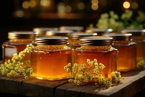 burk fylld med honung på trä- tabell ai genererad foto