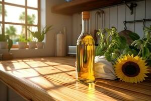 ai genererad ai generation. flaska av solros olja och gul blommor på trä- tabell i kök. foto