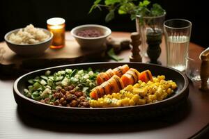 foton av vegan mat för middag i inomhus- Foto studio ai genererad