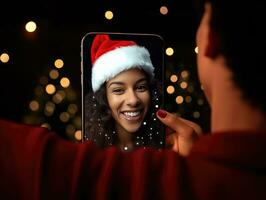 ai genererad ai generation. afrikansk amerikan kvinna bär santa hatt under en jul video ring upp foto