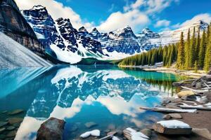 glaciär nationell parkera, montana, usa. reflexion av bergen och sjö, morän sjö panorama i banff nationell parkera, alberta, Kanada, ai genererad foto