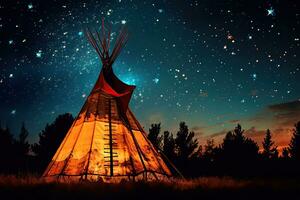 skön indisk teepee i de natt himmel med stjärnor, inföding amerikan indisk teepee på natt med starry himmel, ai genererad foto