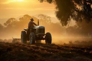 jordbrukare arbetssätt på traktor framställning landa för sådd gröda på solnedgång, jordbrukare rörelse en traktor arbetssätt i de fält i de morgon, ai genererad foto