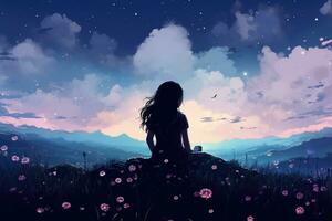 flicka Sammanträde i de äng och ser på de himmel med moln, illustration av en flicka Sammanträde i blomma fält under Starfield himmel, ai genererad foto