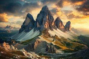 solnedgång i de dolomiterna, Italien. dramatisk och pittoresk scen, känd italiensk nationell parkera Tre cime di lavaredo. dolomiterna, söder tyrolen. auronzo, ai genererad foto