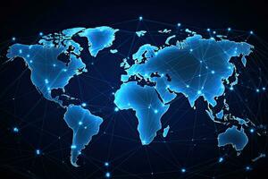 värld Karta med lysande rader och prickar på blå bakgrund. vektor illustration, global nätverkande och internationell kommunikation. värld Karta som en symbol av de global nätverk, ai genererad foto