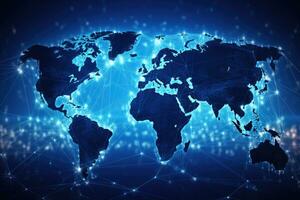 värld Karta på en teknologisk bakgrund, lysande rader symboler av de internet, radio, tv, mobil och satellit kommunikation, global nätverkande och internationell kommunikation, ai genererad foto