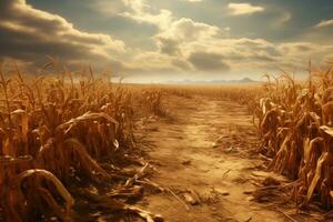 torr majs fält på solnedgång, retro årgång stil tonad bild, torka i en sädesfält, ai genererad foto