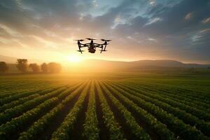 Drönare flygande över de jordbruks fält på solnedgång. 3d framställa, Drönare analyserar jordbrukare fält under soluppgång, ai genererad foto