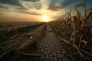 torr och knäckt jord med majs fält på solnedgång. global uppvärmningen begrepp, torka i en sädesfält, ai genererad foto