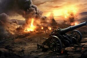 digital illustration av en kanon på brand under en krig i de öken, modern artilleri och luftvärns guns på en slagfält, ai genererad foto