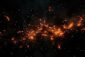 3d illustration av explosion av kol i Plats, dator genererad abstrakt bakgrund, brand glöd partiklar över svart bakgrund, ai genererad foto