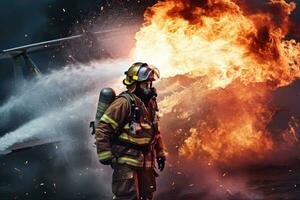 brandman med brand eldsläckare på de bakgrund av en brinnande flygplan, brandman använder sig av vatten och eldsläckare till bekämpa brand flamma i plan olycka, ai genererad foto