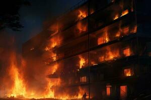 brand i en bostads- byggnad på natt. brandmän släcka de brand, natt brand. lägenhet är brinnande, ai genererad foto