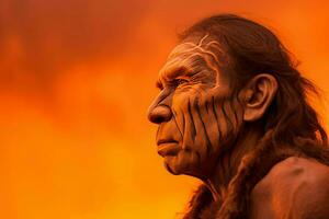 neanderthal man ansikte orange bakgrund. generera ai foto