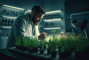 biolog man växande växter i laboratorium. generera ai foto