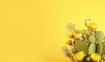 glad fortfarande liv av en livlig blomma bukett och kaktusar. ai generativ foto