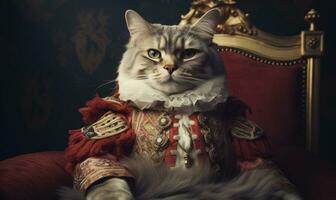 nyckfull bild av en katt i kunglig klädsel. ai generativ foto