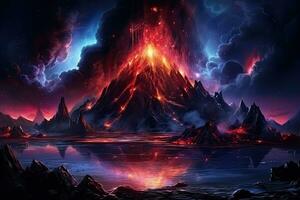 fantasi utomjording planet. berg och sjö. 3d illustration, natt fantasi landskap med abstrakt bergen och ö på de vatten, explosiv vulkan med brinnande lava, neon ljus, ai genererad foto