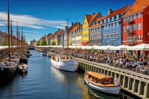 nyhavn är ett av de mest populär turist destinationer i köpenhamn, nyhavn, köpenhamn, Danmark, ai genererad foto