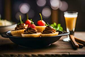 muffins med jordgubbar och choklad på en trä- tabell. ai-genererad foto